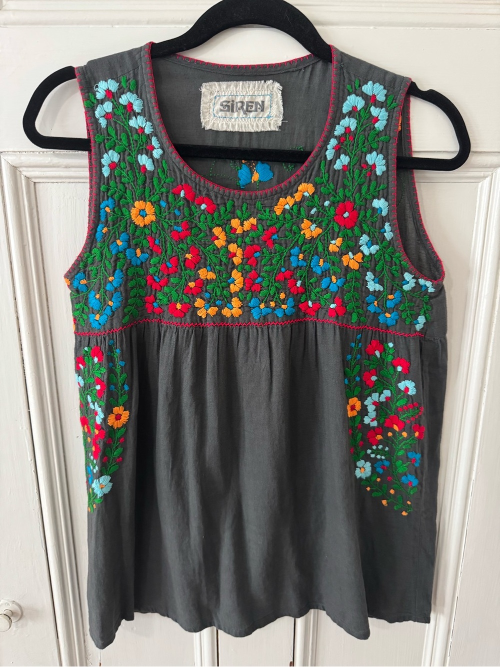 Siren Embroidered Floral Tank Top in Charcoal with Multicolor Flowers